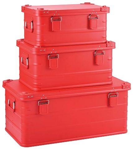 red aluminum cases stacked three high